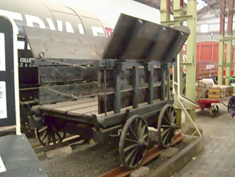 A replica of a "Little Eaton Tramway" wagon, the tracks are plateways Little Eaton Tramway Replica Wagon small.jpg