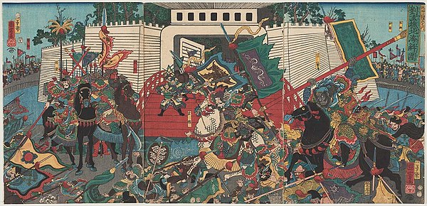 Edo period illustration of Liu Bei breaking the Siege of Beihai along with Taishi Ci, Guan Yu and Zhang Fei