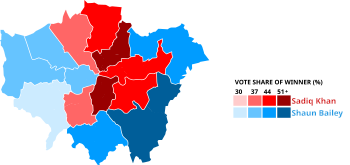 Percentage vote share by London Assembly constituency for the 2021 London Mayoral election.