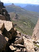 Looking east back down the chimney on Mount Ossa towards Pelion East