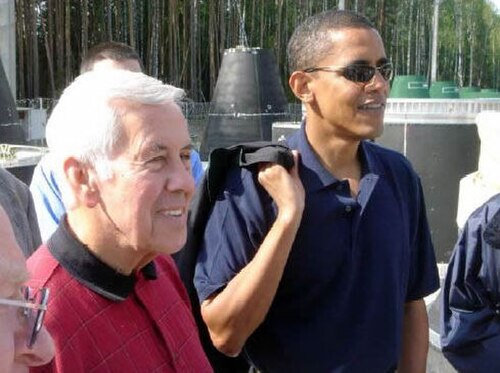 Richard Lugar with then-Senator Barack Obama in August 2005 near Perm, Russia