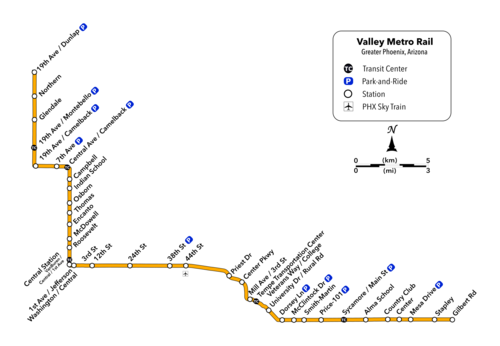 A map of the Valley Metro Light Rail system showing all 35 stations