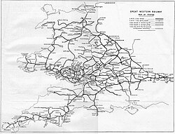 Map showing extent of Great Western Railway in 1926, from London to Penzance, Fishguard and Chester