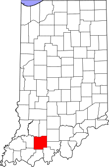 Location of Dubois County in Indiana Map of Indiana highlighting Dubois County.svg