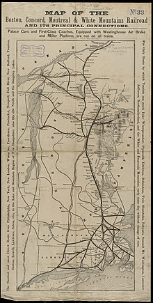 Map of The Boston, Concord, Montreal and White Mountains Railroad and its principal connections, 1882 Map of the Boston, Concord, Montreal and White Mountains Railroad and its principal connections (10176663755).jpg