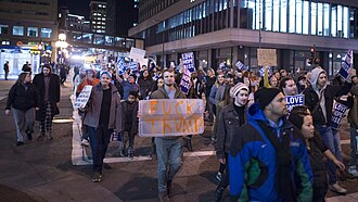 Hundreds of Minnesotan protesters marching on the day after the 2016 presidential election March against Donald Trump (30854294256).jpg