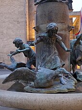 Martinsbrunnen Bonn, Kinder (Bronzefiguren) versuchen, Gänse einzufangen