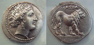 A silver drachma inscribed with MASSA[LIA] (MASSA[LIA]
), dated 375-200 BC, during the Hellenistic period of Marseille, bearing the head of the Greek goddess Artemis on the obverse and a lion on the reverse Massalia large coin 5th 1st century BCE.jpg