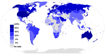 Mobile broadband Internet subscriptions in 2012
as a percentage of a country's population
Source: International Telecommunication Union. MobileBroadbandInternetPenetrationWorldMap 2013.svg
