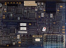 Motherboard of a model with an Intel i486SX microprocessor, with an elongated connector (black, horizontally in the middle/left between upper and lower edge) for a riser card on which the ISA bus slots were located Motherboard of IBM PS-ValuePoint PC with Intel i486SX (ca. 1992 to 1995).jpg