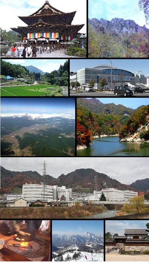 From top of left, Zenkoji, Mount Togakushi, Kinasa village, Nagano Big Hat arena, Aerial in Kawanakajima, Oku-Subana Valley, headquarters of Marukome 