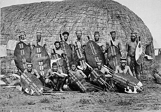 Members of the Natal Native Contingent (NNC) armed with assegais and shields, 1879 Natal native contingent.jpg