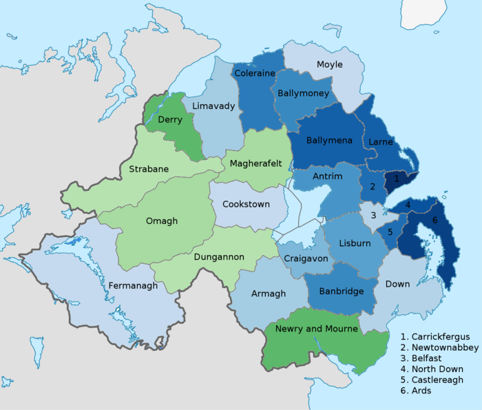 Map of districts of Northern Ireland colour coded to show the predominant national identity. Stronger green indicates a higher proportion of people describing themselves as Irish. Stronger blue indicates a higher proportion of people describing themselves as British. Data from 2011 census