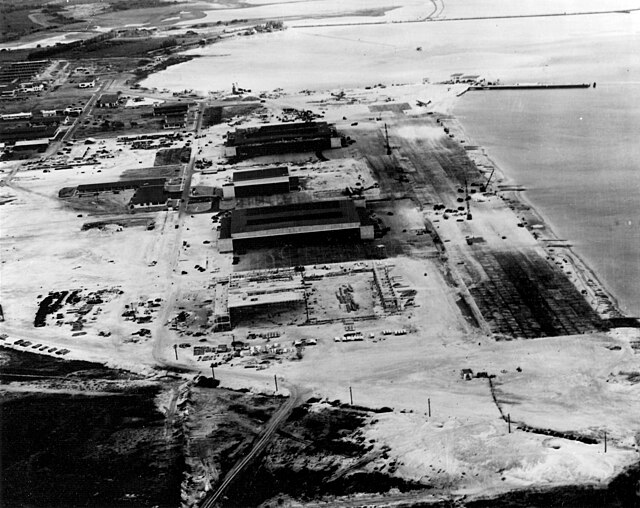Aerial photograph of Naval Air Station Kaneohe Bay two days after the Attack on Pearl Harbor.