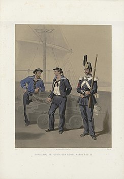 Från vänster: indelt båtsman, värvad matros, soldat vid Marinregementet i Karlskrona; ca 1860.