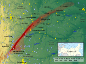 Mappa dell'area contaminata dal disastro di Kyshtym