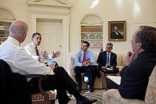 President Barack Obama, on left, discusses with a group in the White House, including Larry Summers on far right (back to camera) P012209PS-0044 (3483998537).jpg