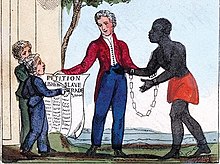Illustration from the book: The Black Man's Lament, or, how to make sugar by Amelia Opie. (London, 1826) Petition-slavery-1826.jpg