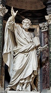 Statue of Saint Peter in the Archbasilica of Saint John Lateran by Pierre-Etienne Monnot. Peter holds the Keys of Heaven. Petrus San Giovanni in Laterano 2006-09-07.jpg
