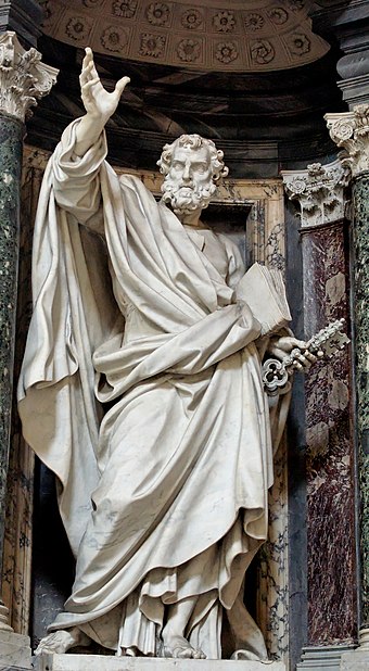 Statue of Saint Peter in the Archbasilica of Saint John Lateran by Pierre-Étienne Monnot. Peter holds the Keys of Heaven.
