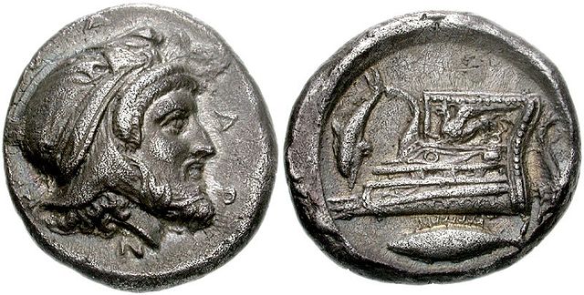 Tetradrachm of the satrap Pharnabazus II, with the prow of a galley on the reverse. He was victorious against Sparta at Cnidus