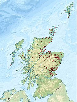 Distribution of Class I and Class II stones, as well as caves holding Pictish symbol graffiti Pictish Stone distribution.jpg