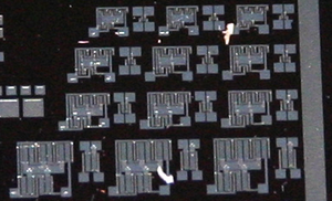 Ring oscillator test structures fabricated on silicon using p-type MOSFETs of different sizes. Pmos ring oscillator.png