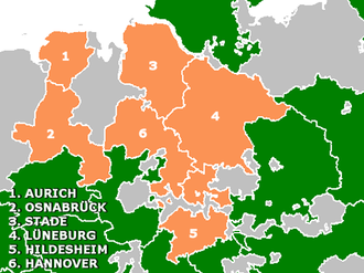 The six Hanoveran regions. RBHannover1878.png