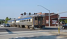 Ex-Alaska Railroad RDC-2 units in WES Commuter Rail service, in Oregon, in 2017 RDCs 1702+1711 on TriMet WES Commuter Rail, on Lombard Ave in Beaverton (2017).jpg
