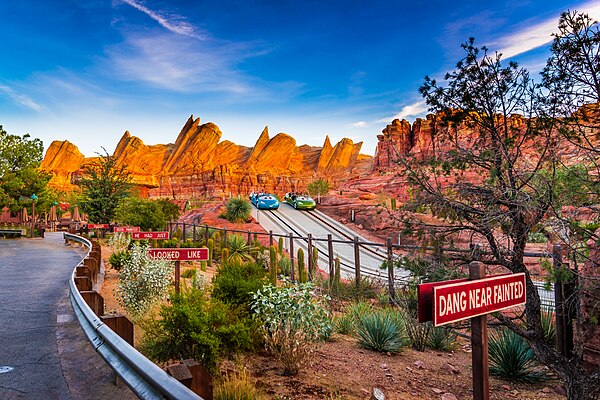 Part of the outdoor section of Radiator Springs Racers as shown from the exit path