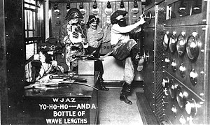 February 1926 publicity photograph of the WJAZ engineering staff dressed as "wave pirates". Radio station WJAZ, Chicago, 'wave pirates' publicity photograph (1926).jpg