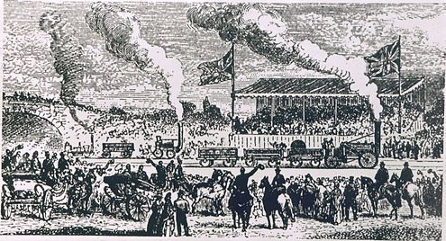 Later conjectural drawing of the Rainhill Trials. In the foreground is Rocket and in the background are Sans Pareil (right) and Novelty. Rainhill Trials in the Illustrated London News.jpg