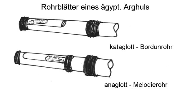 Drawings of idioglot reeds: tubular single reeds in which the reed is still part of the reed stem. Reeds can be split from middle upward (kataglott, t