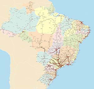 Brazilian road system, with dual carriageways highlighted in red, 2023 Rodovias duplicadas do Brasil no ano de 2021, assinaladas em vermelho.jpg