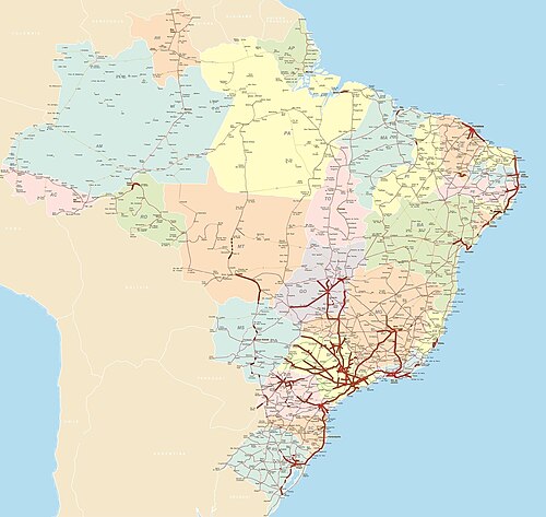Road system in Brazil, with divided highways highlighted in red.