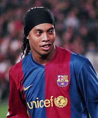 Ronaldinho (pictured with Barcelona in 2007) appeared in a 2005 Nike advertisement that went viral on YouTube, becoming the site's first video to reach one million views.[180][181]