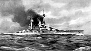 A large battleship sits motionless, black smoke billows from its funnels