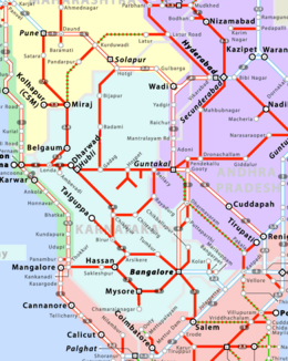 Map of South Western Railway zone (in Cyan) SWR railway map.png