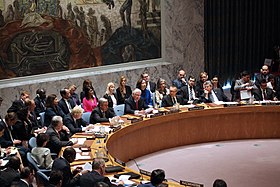 Example of a UN Security Council meeting. The image is of an April 28 meeting chaired by U.S. Secretary Tillerson, on Denuclearization of the DPRK Secretary Tillerson Chairs a UN Security Council Meeting on Denuclearization of the DPRK (34193203431).jpg