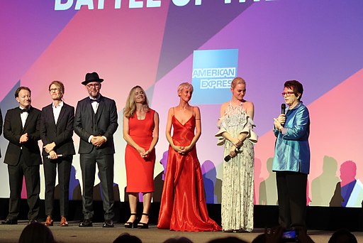 Simon Beaufoy, Valerie Faris, Jonathan Dayton, Elisabeth Shue, Andrea Riseborough, Emma Stone and Billie Jean King at Battle of the Sexes, London (37526182652)