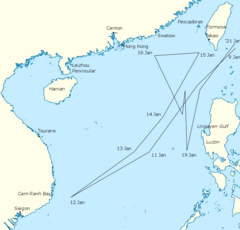 Zdjęcie przedstawia mapę Morza Południowochińskiego z zaznaczoną na niej trasą 3. Floty Stanów Zjednoczonych w dniach 9-21 stycznia 1945 roku.