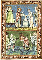 St Boniface - Baptising-Martyrdom - Sacramentary of Fulda - 11Century.jpg