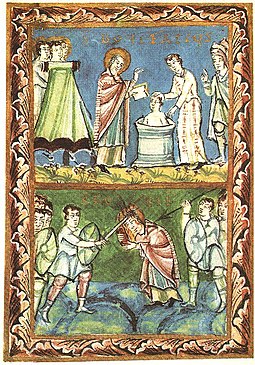 Fulda Sacramentary, Saint Boniface baptizing (top) and being martyred (bottom) St Boniface - Baptising-Martyrdom - Sacramentary of Fulda - 11Century.jpg