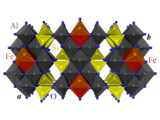 Structure de la staurolite projetée sur le plan (a,b) (vue en perspective). Rouge et orange : Fe, gris : Al, jaune : Si, bleu : O. Les atomes d'hydrogène ne sont pas représentés.