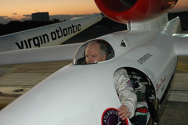 Fossett at NASA Kennedy Space Center's Shuttle Landing Facility seated in the GlobalFlyer cockpit