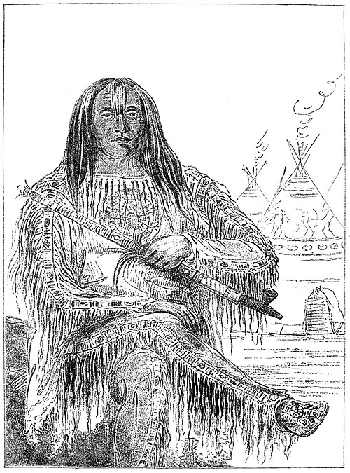 Illustration of a seated man with long hair and heavily fringed shirt and trousers holding a calumet, with two tipis in the background