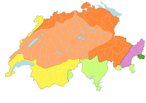 Carte colorée de la suisse indiquant les bassins hydrologique, la carte montre que le bassin du Rhin et de l'Aar couvre la plus grande partie du territoire, plus des deux tiers.