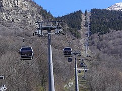 Tracé forestier de la télécabine, dans la forêt de feuillus sans feuille, avec les cabines qui se succèdent.