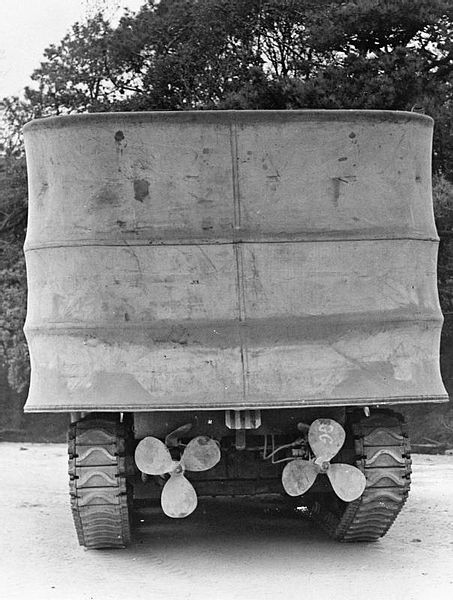 Rear view of a Sherman DD with its screen raised, showing the twin propellers in their lowered position
