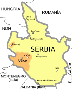 Karta över Serbien under andra världskriget med Republiken Užice markerad i oranget